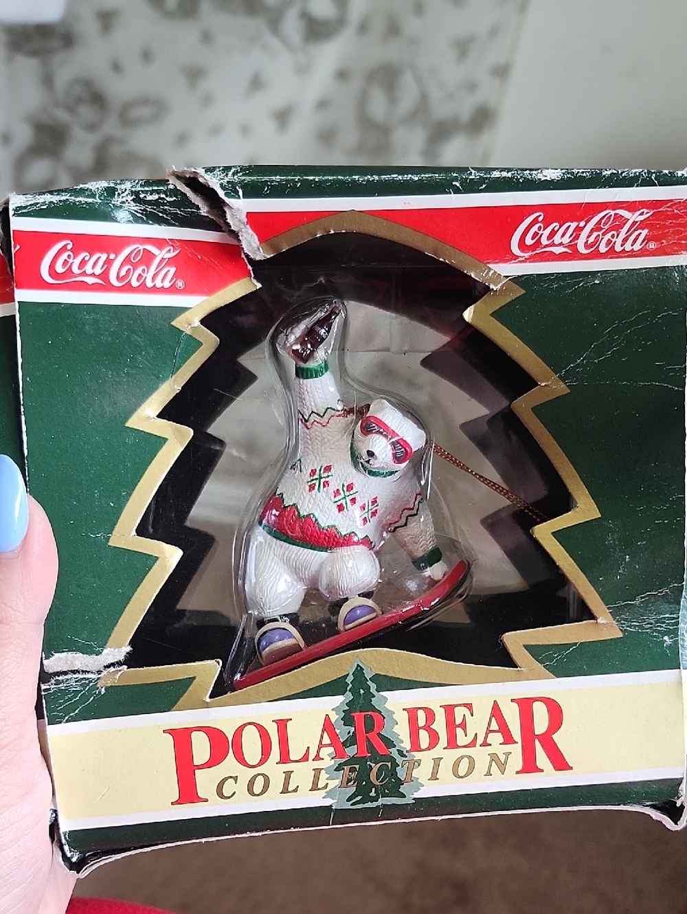 Vintage 1995 Coca-Cola Snowboarding Polar Bear Ornament in White, Red & Green